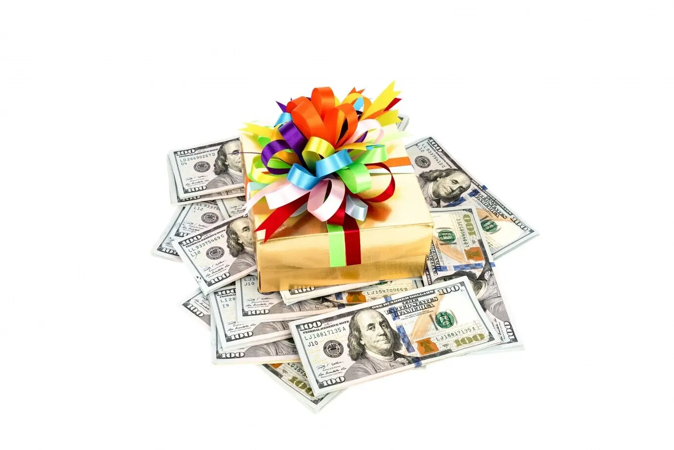 Hundred-dollar banknotes in a decorated gift box.